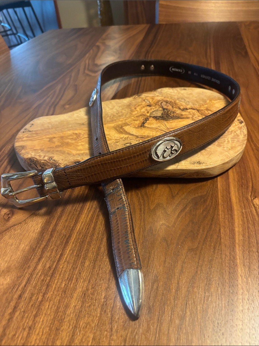 Vintage Enmon Iowa Hawkeye Mens Leather Belt with Silver Hawk Studs - 38